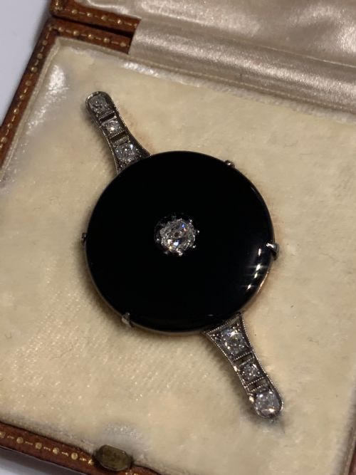 onyx art deco old european cut diamond brooch - CATEGORY: ANTIQUE JEWELLERY - DATED 1930