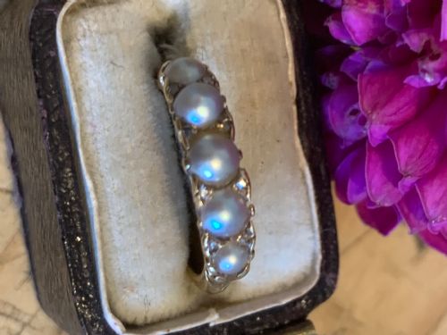NATURAL PEARL AND DIAMOND VICTORIAN 18CT GOLD RING - ADDITIONAL PHOTO 5