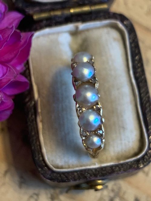 NATURAL PEARL AND DIAMOND VICTORIAN 18CT GOLD RING - ADDITIONAL PHOTO 2