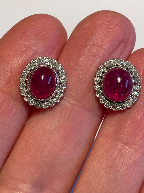 Natural Cabochon Ruby and Old European Cut Diamond Edwardian Platinum Earrings
