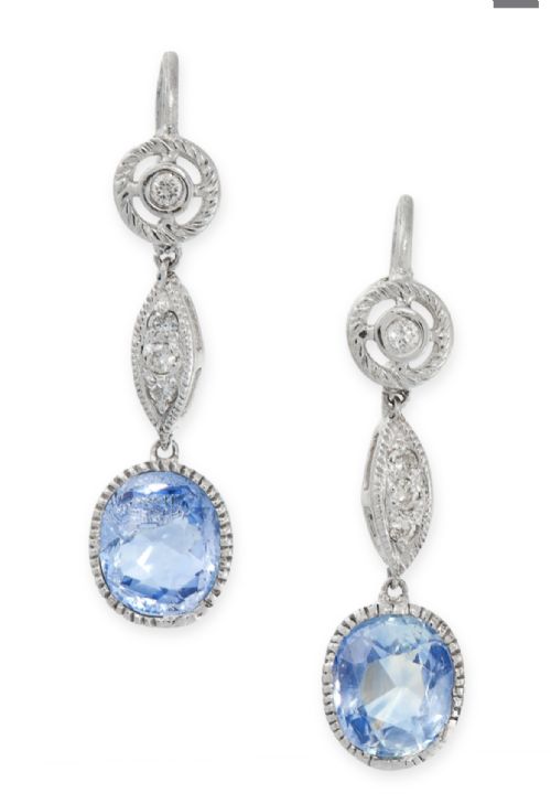 ceylon sapphire and diamond earrings - CATEGORY: ANTIQUE JEWELLERY - DATED 1950