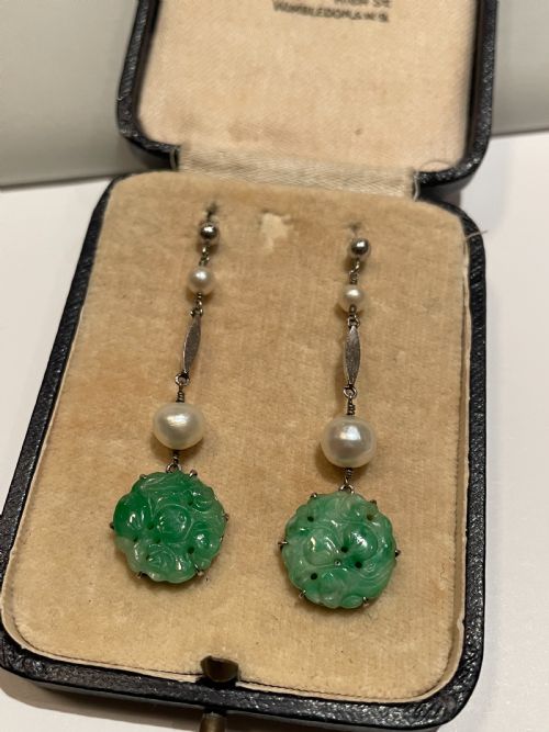 edwardian jadeite and pearl 9ct gold earrings - CATEGORY: ANTIQUE JEWELLERY - DATED EDWARDIAN