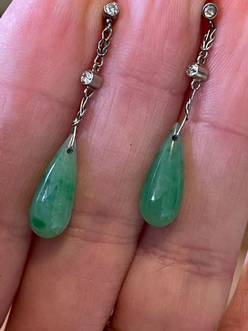 natural untreated jade diamond edwardian earrings - CATEGORY: ANTIQUE JEWELLERY - DATED EDWARDIAN