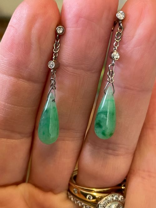 NATURAL UNTREATED JADE DIAMOND EDWARDIAN EARRINGS - ADDITIONAL PHOTO 3