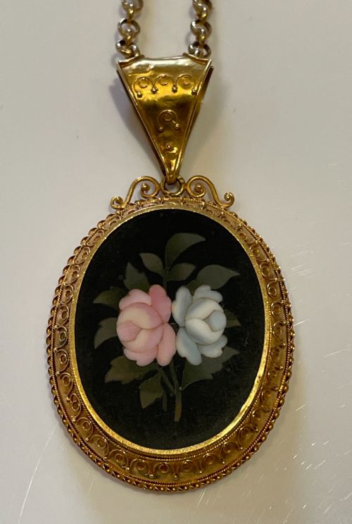 PIETRA DURA 18CT GOLD VICTORIAN PENDANT - ADDITIONAL PHOTO 3