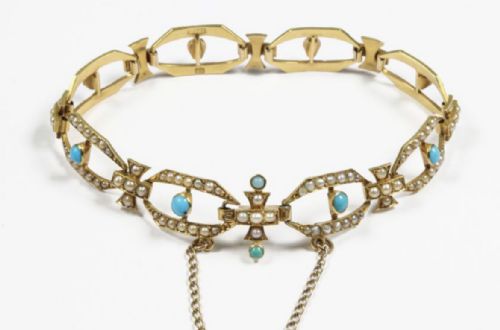 edwardian turquoise and seed pearl and turquoise 15ct bracelet - CATEGORY: ANTIQUE JEWELLERY - DATED EDWARDIAN