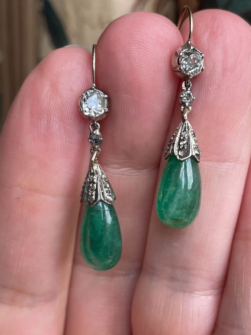 old cut diamond and emerald earrings - CATEGORY: ANTIQUE JEWELLERY - DATED EDWARDIAN