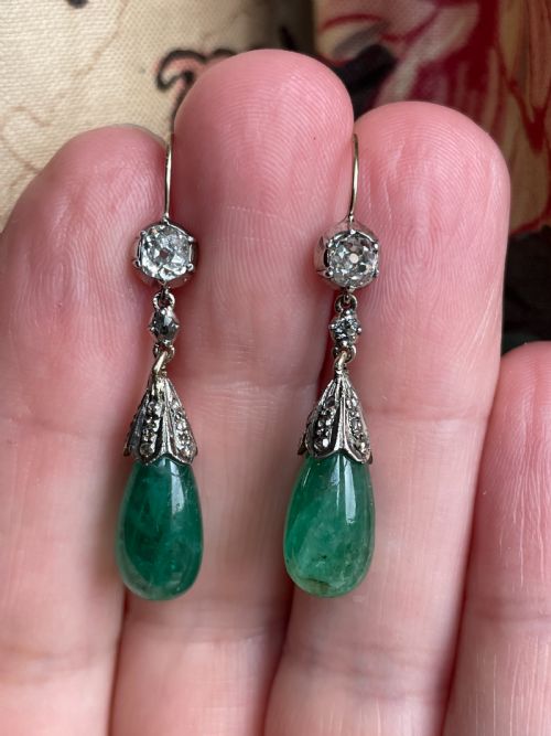 OLD CUT DIAMOND AND EMERALD EARRINGS - ADDITIONAL PHOTO 2