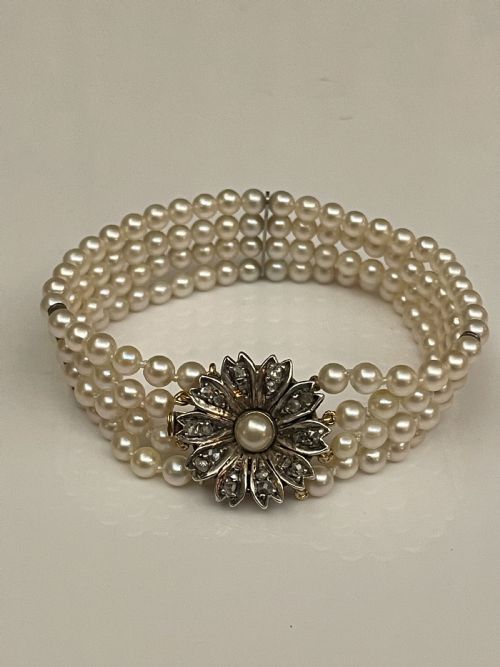 edwardian cultured pearl diamond set bracelet - CATEGORY: ANTIQUE JEWELLERY - DATED EDWARDIAN