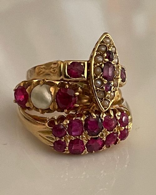 VICTORIAN NATURAL RUBY 18CT GOLD BOAT RING - ADDITIONAL PHOTO 4