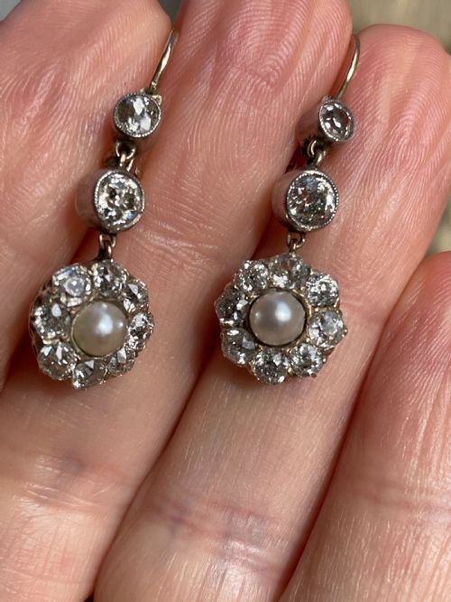 old cut diamond and natural saltwater pearl victorian earrings - CATEGORY: ANTIQUE JEWELLERY - DATED VICTORIAN