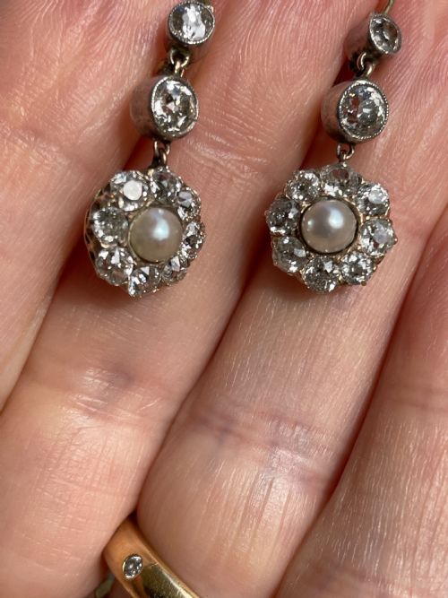 OLD CUT DIAMOND AND NATURAL SALTWATER PEARL VICTORIAN EARRINGS - ADDITIONAL PHOTO 1