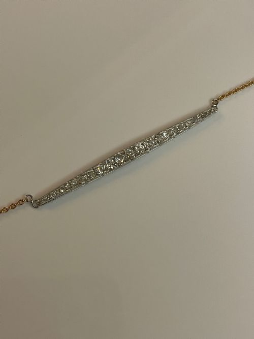 PLATINUM AND DIAMOND ART DECO LINE BAR ON 18CT GOLD CHAIN - ADDITIONAL PHOTO 3