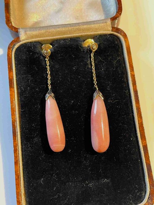 edwardian pink opal and diamond 18ct gold eartings - CATEGORY: ANTIQUE JEWELLERY - DATED EDWARDIAN