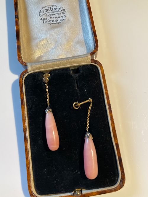 EDWARDIAN PINK OPAL AND DIAMOND 18CT GOLD EARTINGS - ADDITIONAL PHOTO 1