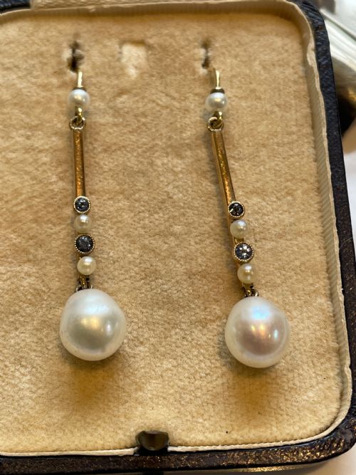edwardian freshwater cultured pearl and ceylon sapphire gold earrings - CATEGORY: ANTIQUE JEWELLERY - DATED EDWARDIAN