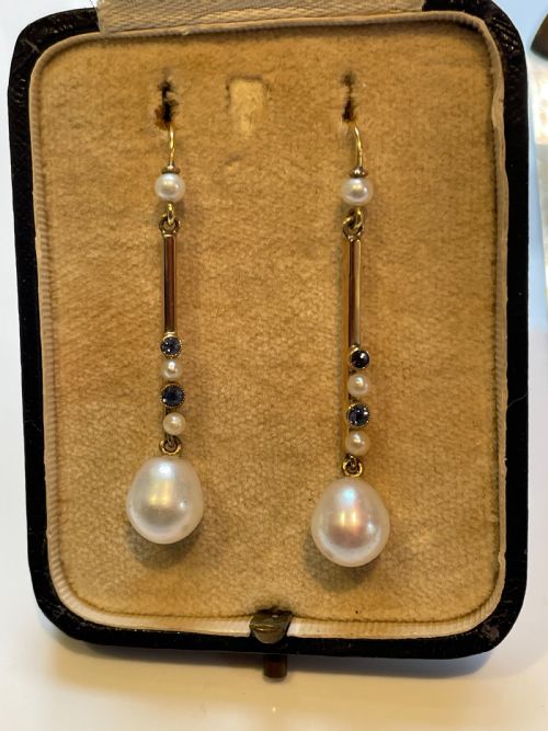 EDWARDIAN FRESHWATER CULTURED PEARL AND CEYLON SAPPHIRE GOLD EARRINGS - ADDITIONAL PHOTO 1