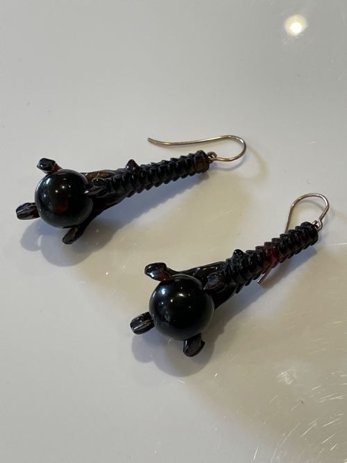 victorian tortoiseshell claw and ball carved earrings - CATEGORY: ANTIQUE JEWELLERY - DATED VICTORIAN
