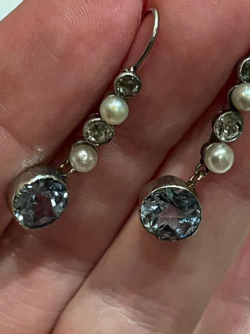 EDWARDIAN AQUAMARINE DIAMOND AND PEARL EARRINGS - ADDITIONAL PHOTO 1