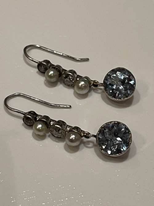 edwardian aquamarine diamond and pearl earrings - CATEGORY: ANTIQUE JEWELLERY - DATED EDWARDIAN