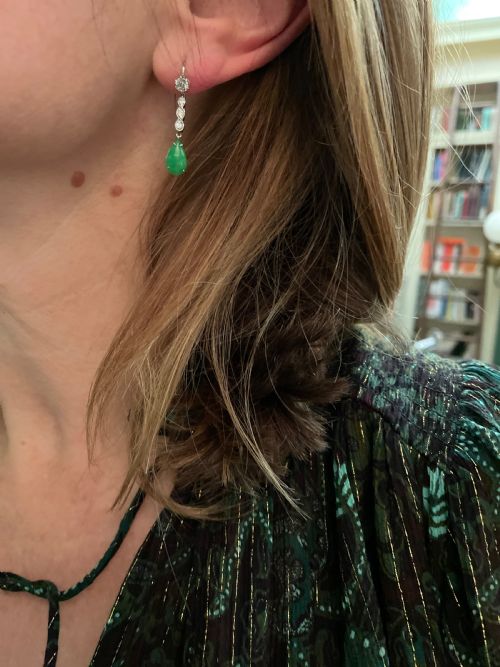 ANTIQUE NATURAL JADEITE AND DIAMOND ART DECO EARRINGS - ADDITIONAL PHOTO 1