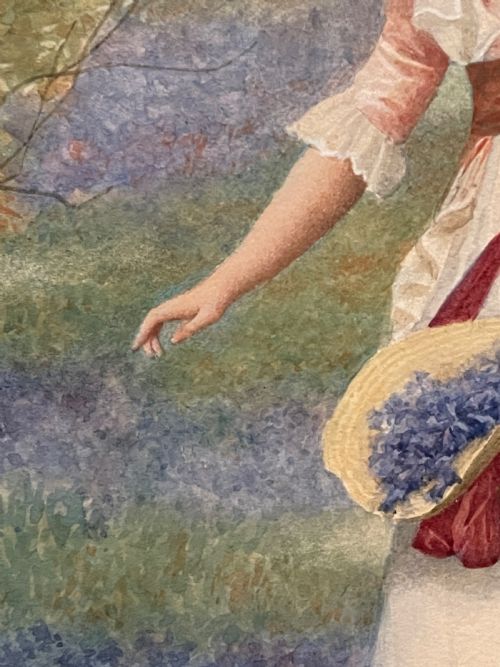 fig 1. An Edwardian watercolour painting depicting a woman in a pink dress and brown sash walking through a bluebell woodland while holding a basket.