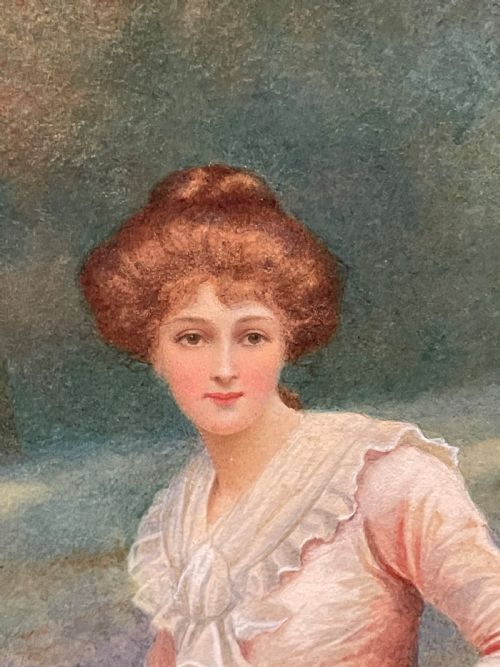 fig 2. An Edwardian watercolour painting depicting a woman in a pink dress and brown sash walking through a bluebell woodland while holding a basket.
