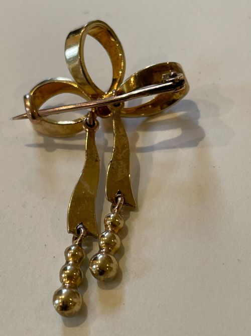 EDWARDIAN TURQUOISE AND PEARL BOW BROOCH - ADDITIONAL PHOTO 3
