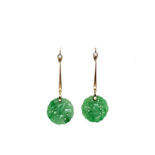 natural carved undyed jadeite and pearl gold edwardian earrings - CATEGORY: ANTIQUE JEWELLERY - DATED 1910