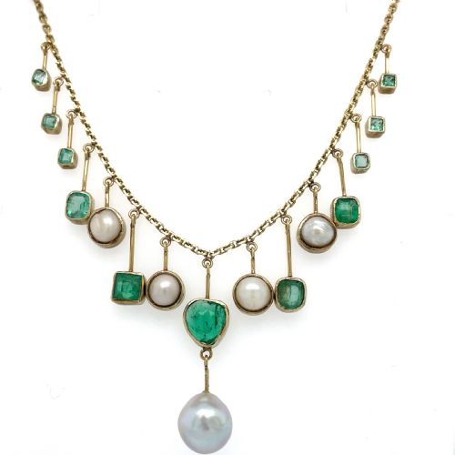 emerald and natural pearl arts and craft necklace - CATEGORY: ANTIQUE JEWELLERY - DATED 1900