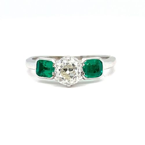 antique diamond and emerald three stone engagement ring - CATEGORY: ANTIQUE JEWELLERY - DATED 1930
