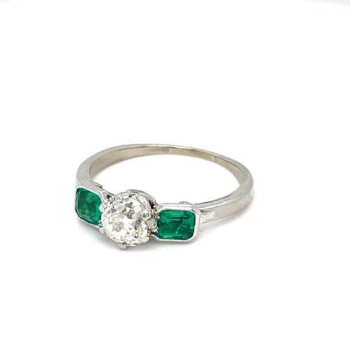 ANTIQUE DIAMOND AND EMERALD THREE STONE ENGAGEMENT RING - ADDITIONAL PHOTO 1