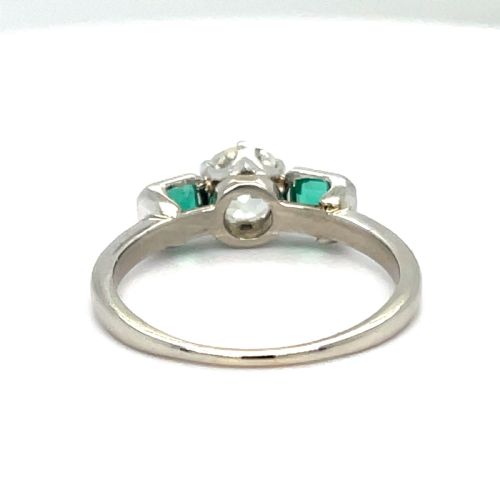 ANTIQUE DIAMOND AND EMERALD THREE STONE ENGAGEMENT RING - ADDITIONAL PHOTO 2