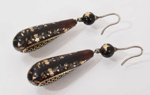 ANTIQUE PIQUE TORTOISESHELL GOLD AND SILVER INLAID EARRINGS - ADDITIONAL PHOTO 2