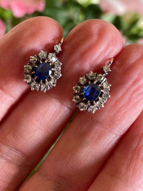 victorian natural sapphire and diamond french earrings circa 1890 in a van arples box - CATEGORY: ANTIQUE JEWELLERY - DATED VICTORIAN