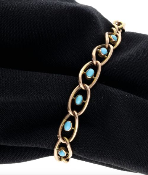an edwardian turquosie curb link bracelet in 9ct gold - CATEGORY: ANTIQUE JEWELLERY - DATED EDWARDIAN