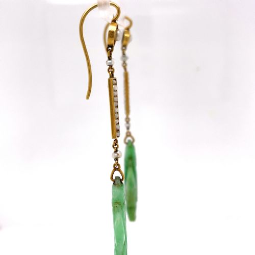 ANTIQUE JADEITE AND PEARL 15CT GOLD EARRINGS - ADDITIONAL PHOTO 2