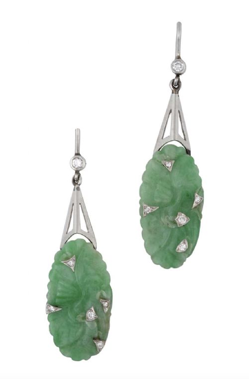 ANTIQUE PLATINUM JADEITE AND DIAMOND ART DECO EARRINGS