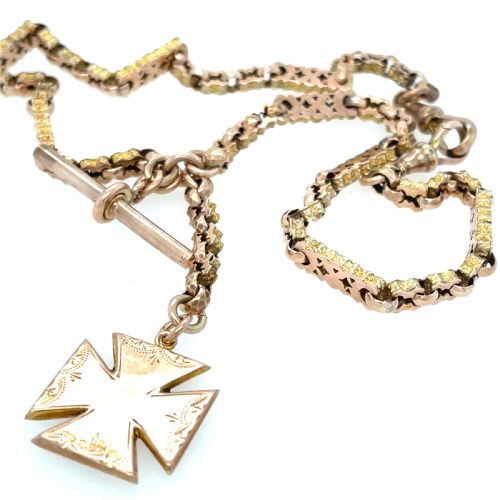 ANTIQUE 9CT ROSE GOLD ALBERT CHAIN WITH TBAR AND FOB - ADDITIONAL PHOTO 2