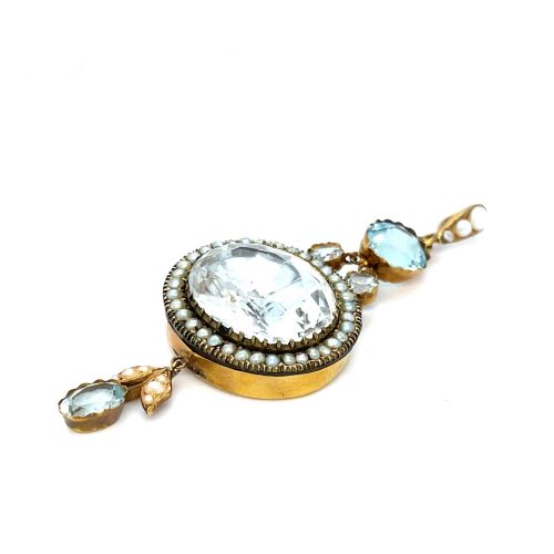 Victorian Antique Foil Back Aquamarine and Rock Crystal Gold Pendant
