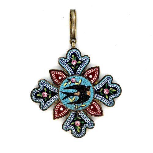 Antique Micromosaic Grand Tour Swallow Gold Pendant