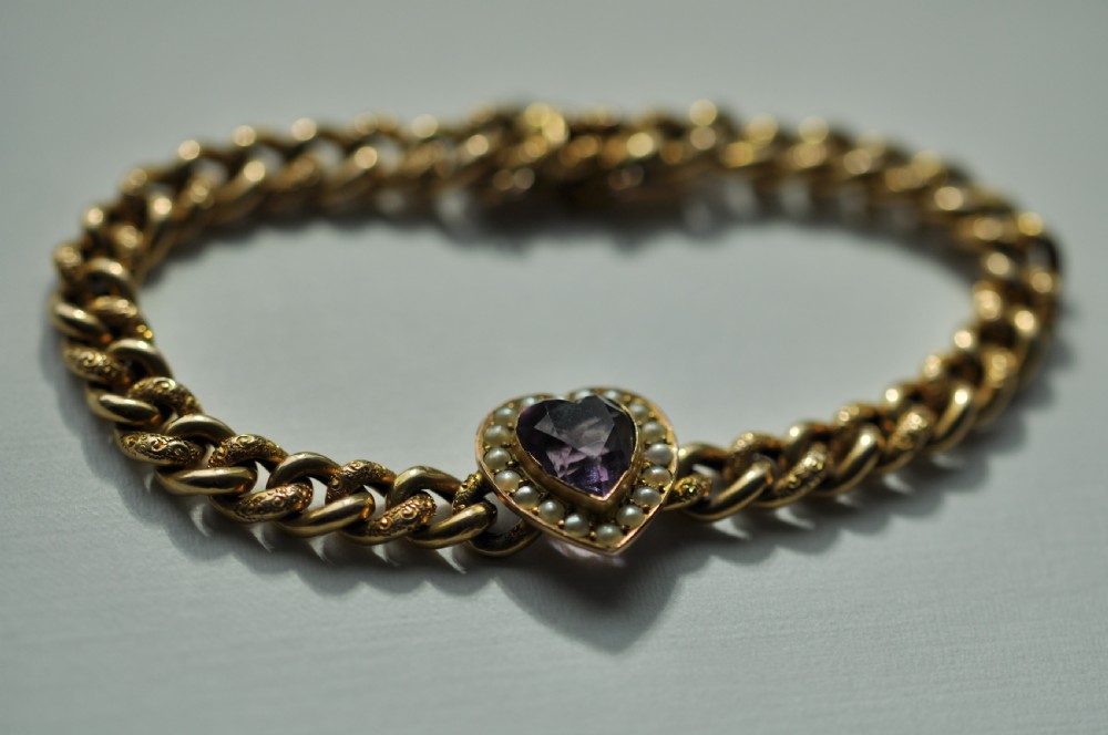 A 15ct Gold Amethyst Heart and Seed Pearl Victorian Bracelet