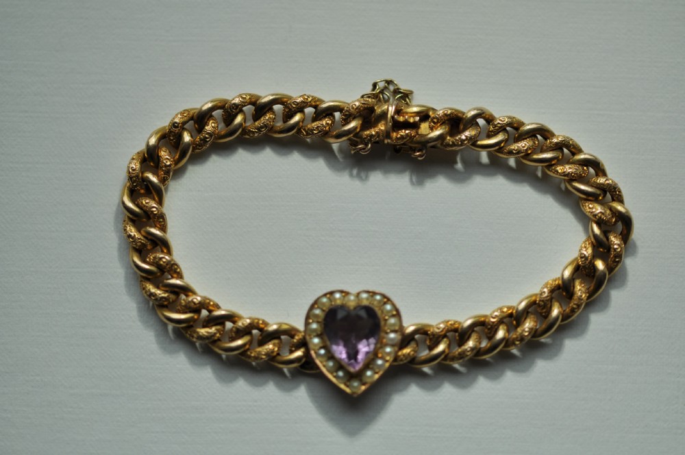 A 15ct Gold Amethyst Heart and Seed Pearl Victorian Bracelet View II