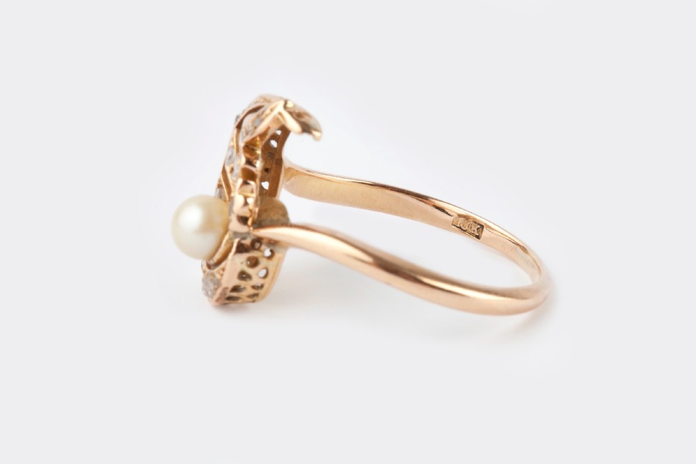 An antique Rose Cut Diamond and Cultured Pearl 18ct Gold Ring View II