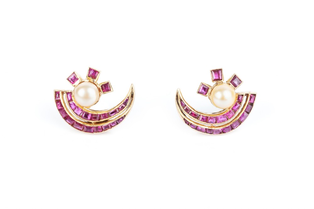 Art Deco Ruby and Cultured Pearl Earrings