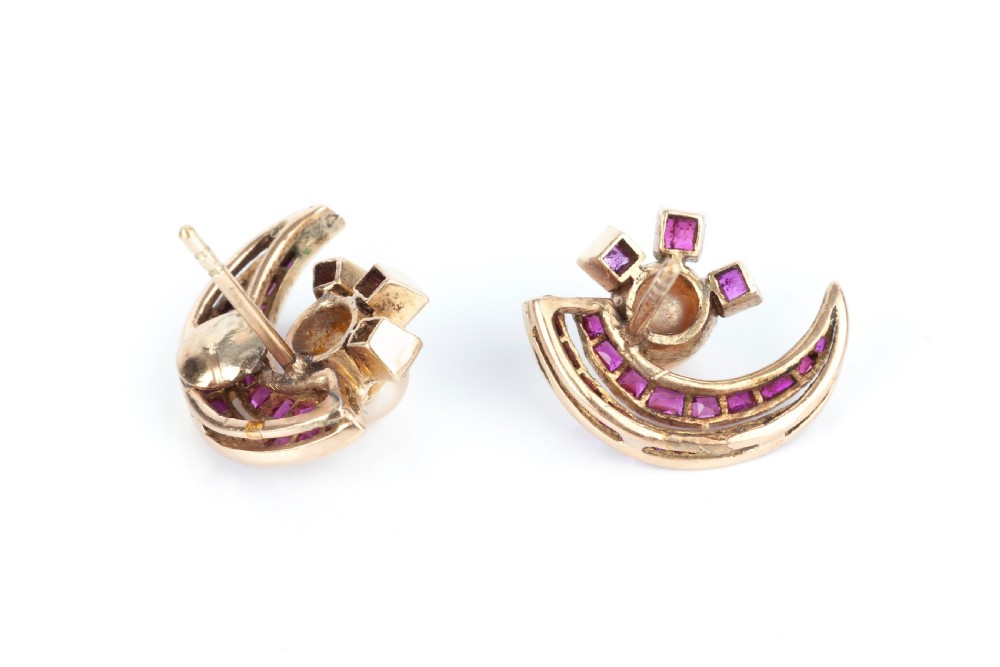 Art Deco Ruby and Cultured Pearl Earrings View II