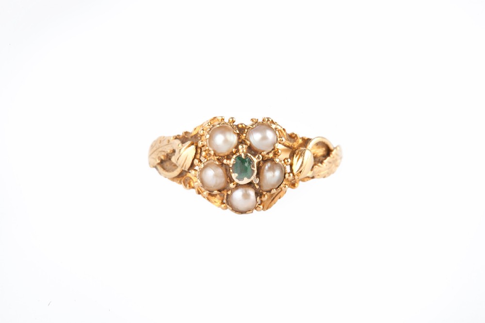 A Georgian Pearl and Emerald Tulip Ring
