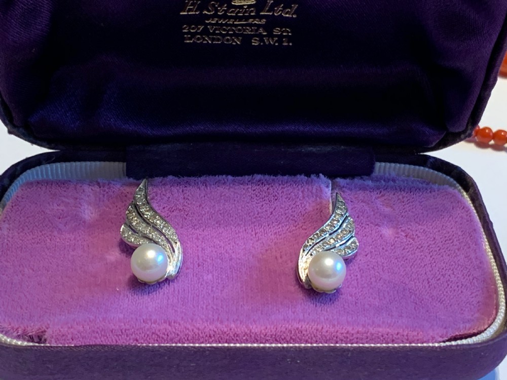 Vintage 1960s Winged Pearl and Diamond Earrings View II