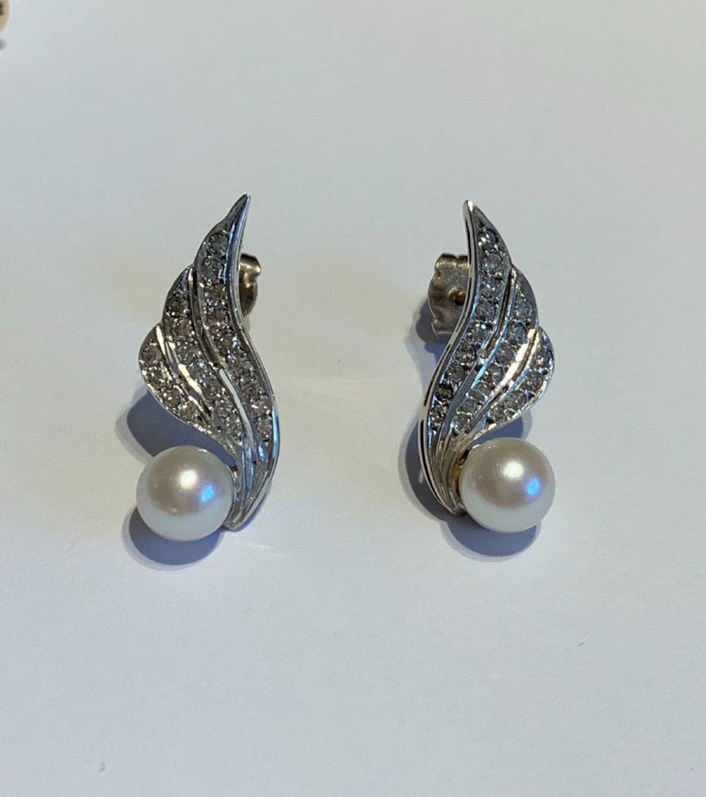 Vintage 1960s Winged Pearl and Diamond Earrings View V