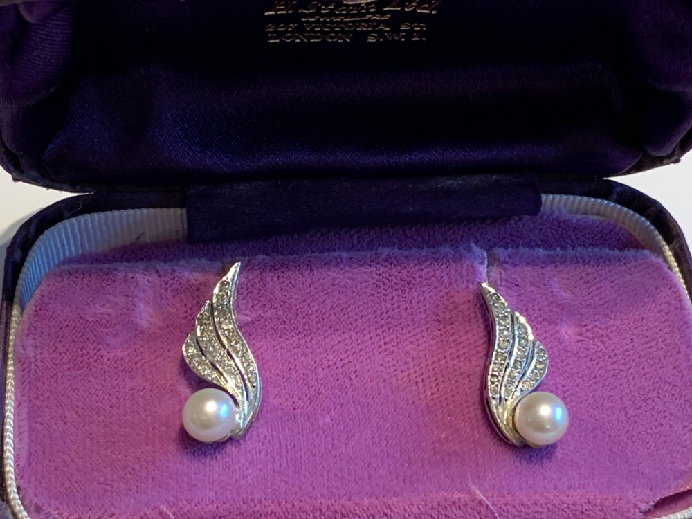 Vintage 1960s Winged Pearl and Diamond Earrings View VI